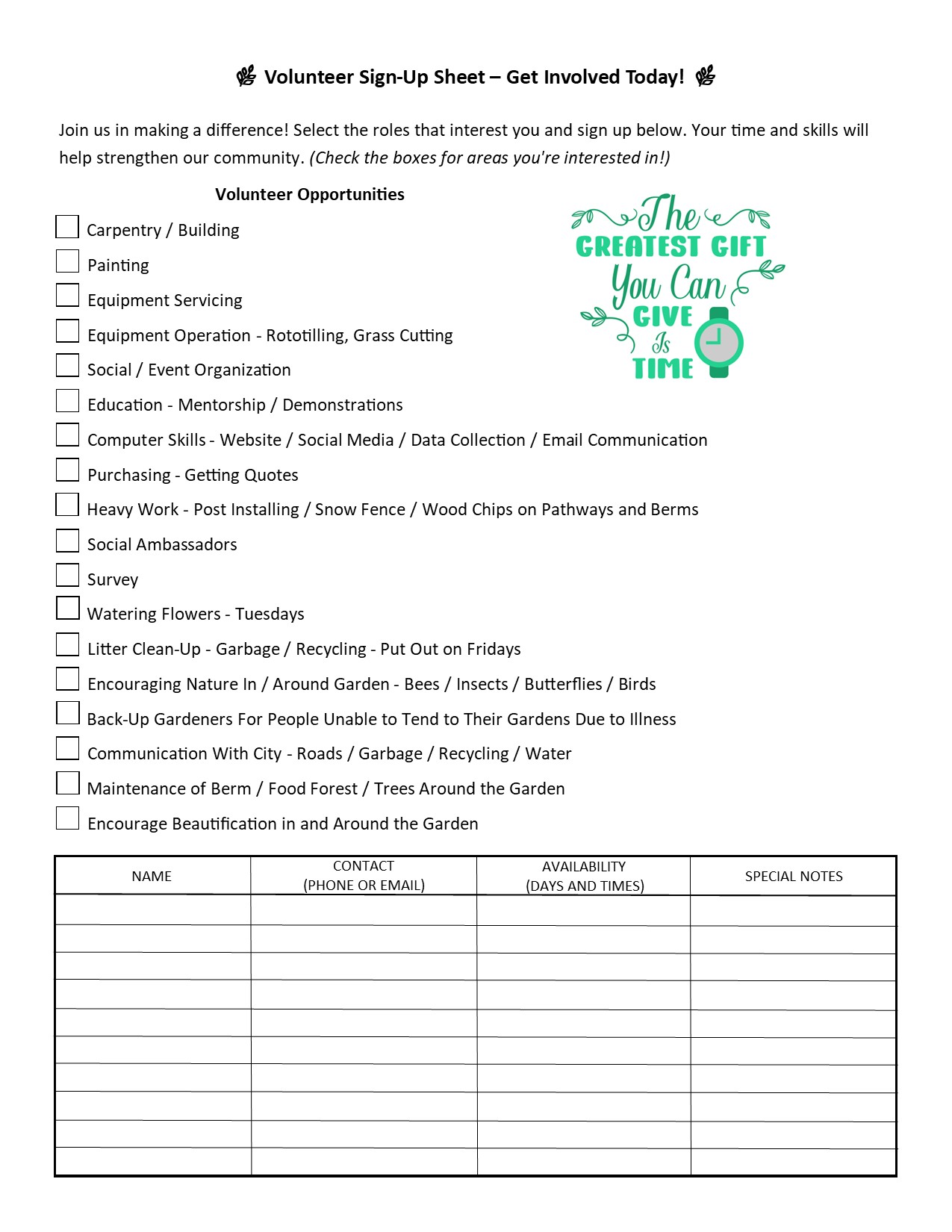 Volunteer Sign-Up Sheet
